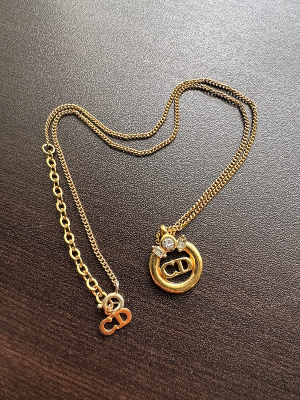 Christian Dior Vintage Gold-Tone CD Circle Pendant Necklace with Crystals